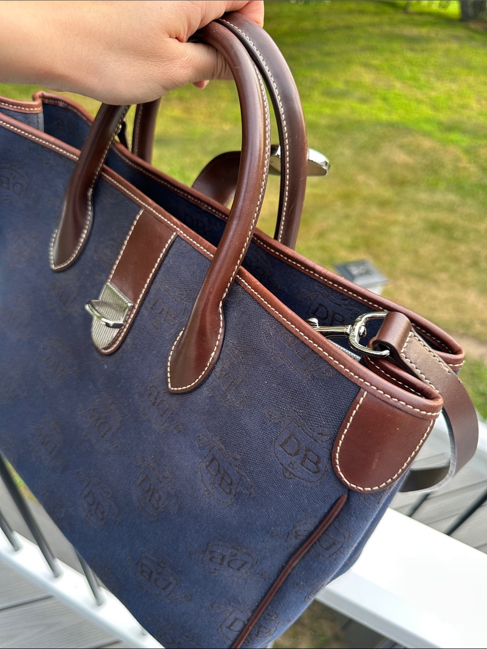 Dooney & Bourke Navy and Brown Monogram Handbag with Matching Pouch - Picture 16 of 16